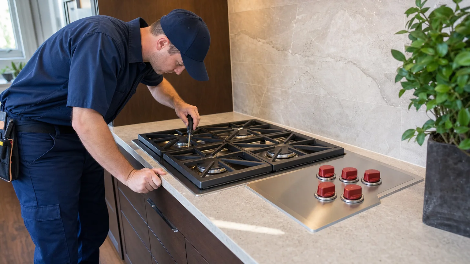 Technician inspecting a Wolf gas cooktop