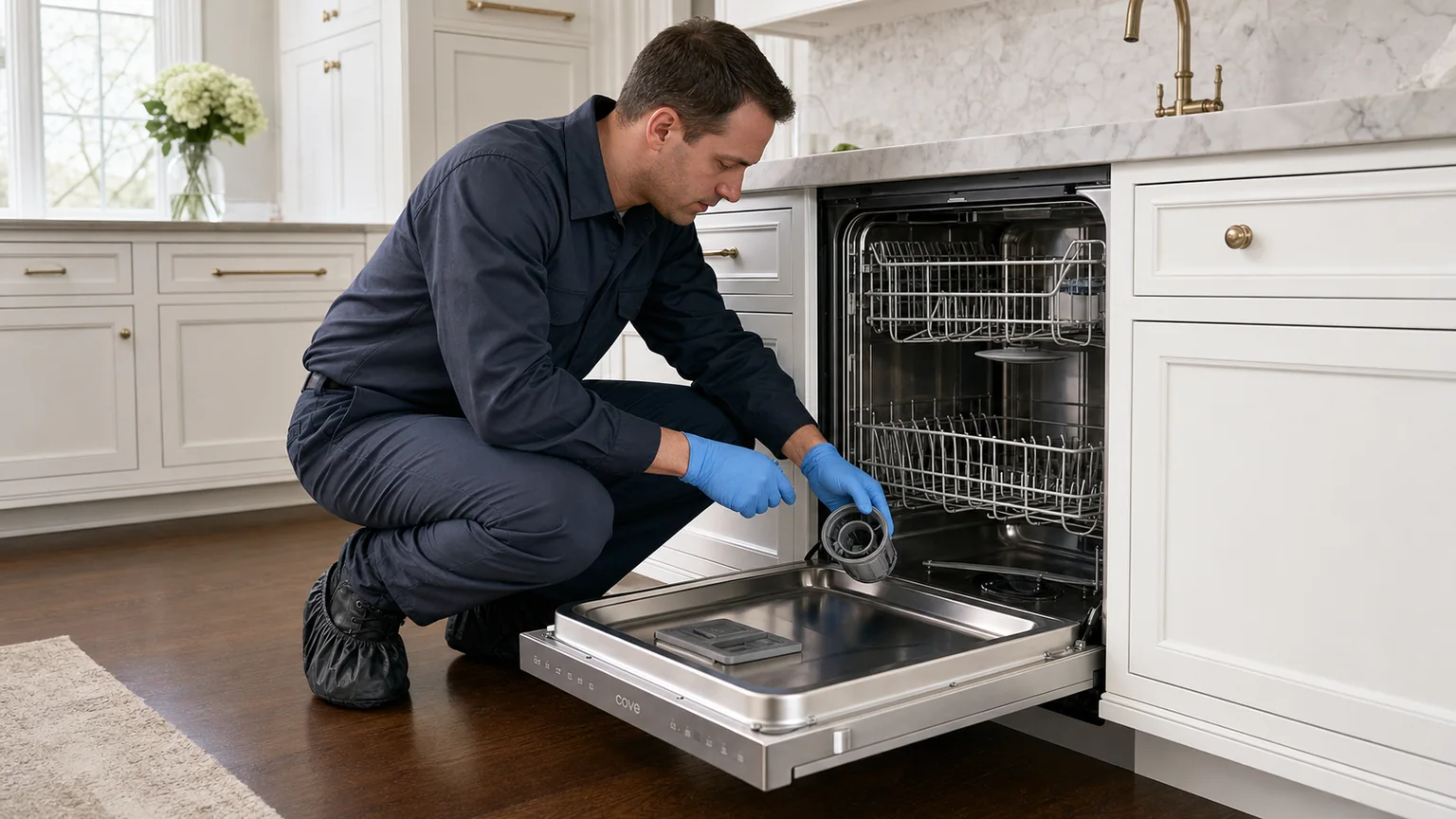 Technician inspecting a panel-ready Cove dishwasher
