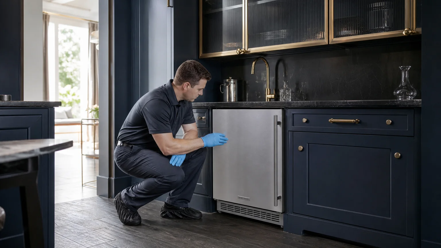 Technician inspecting an undercounter ice maker