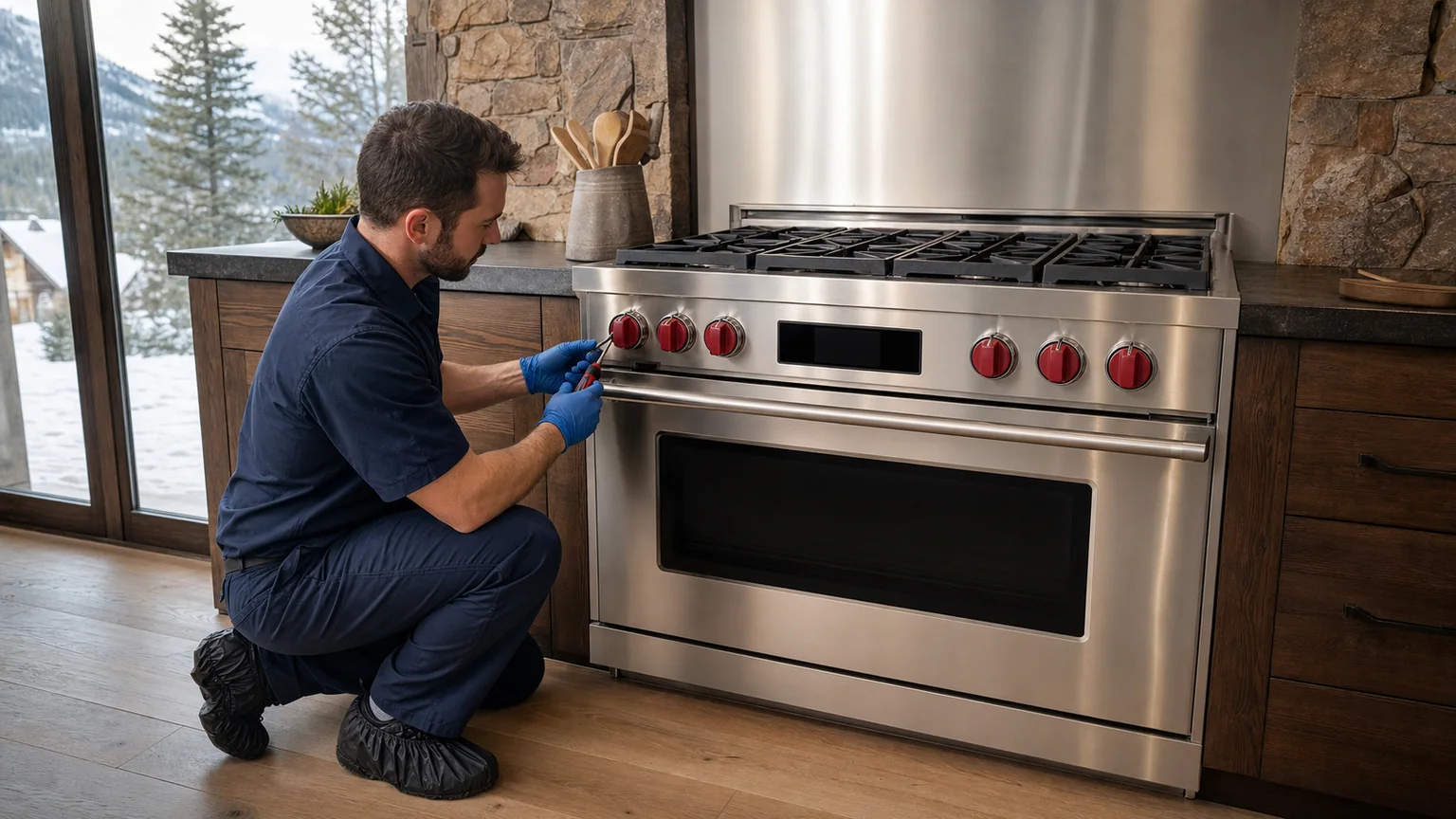 Technician inspecting a Wolf dual-fuel range