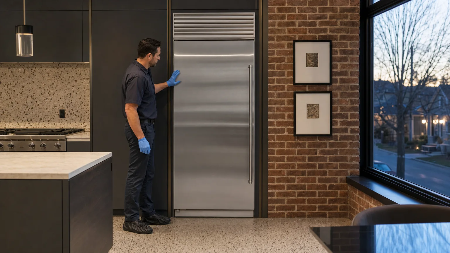 Technician inspecting a built-in Sub-Zero refrigerator