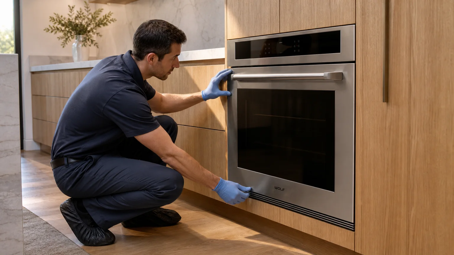 Technician inspecting a built-in Wolf wall oven