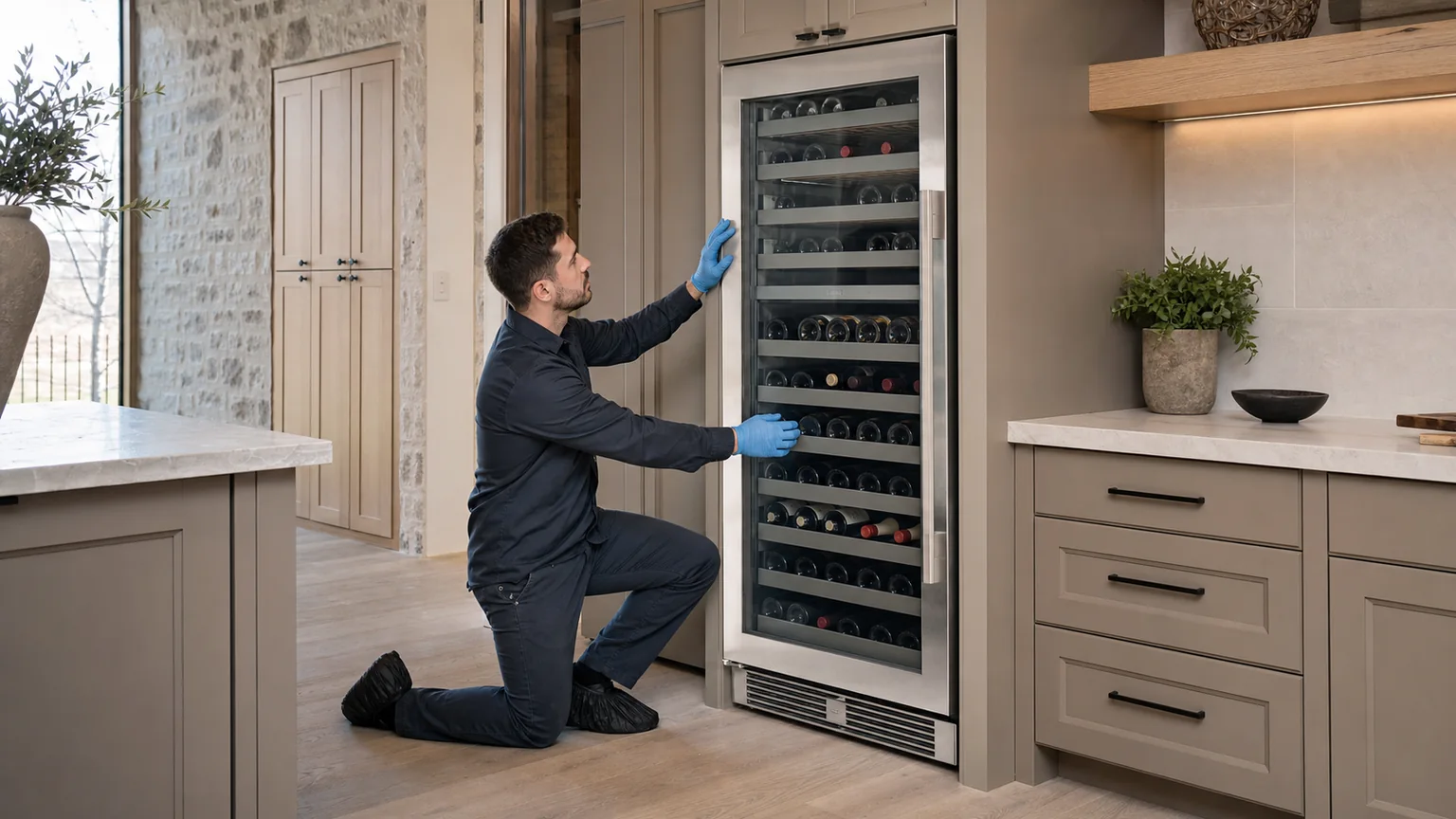 Technician inspecting undercounter wine storage